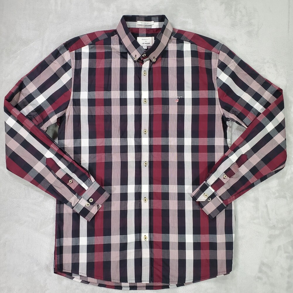 Gant x Le Mans Button Down Shirt Men XL Tech Prep Oxford Maroon Plaid Stretch